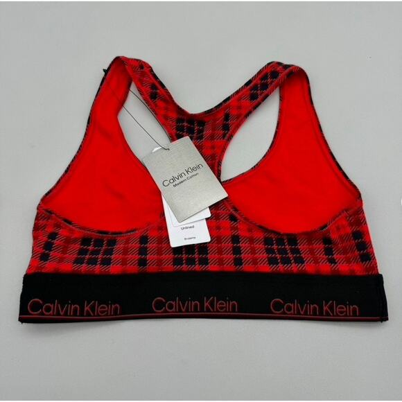 Calvin Klein Bralette Womens Medium Red Black Tartan Plaid Unlined Modern Cotton - Picture 6 of 9